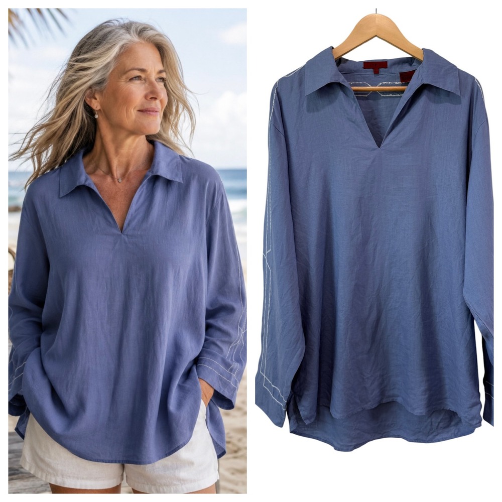Lanzino Embroidered Linen Tunic Top XL Blue‎ Long Sleeve V-Neck Lagenlook Boho